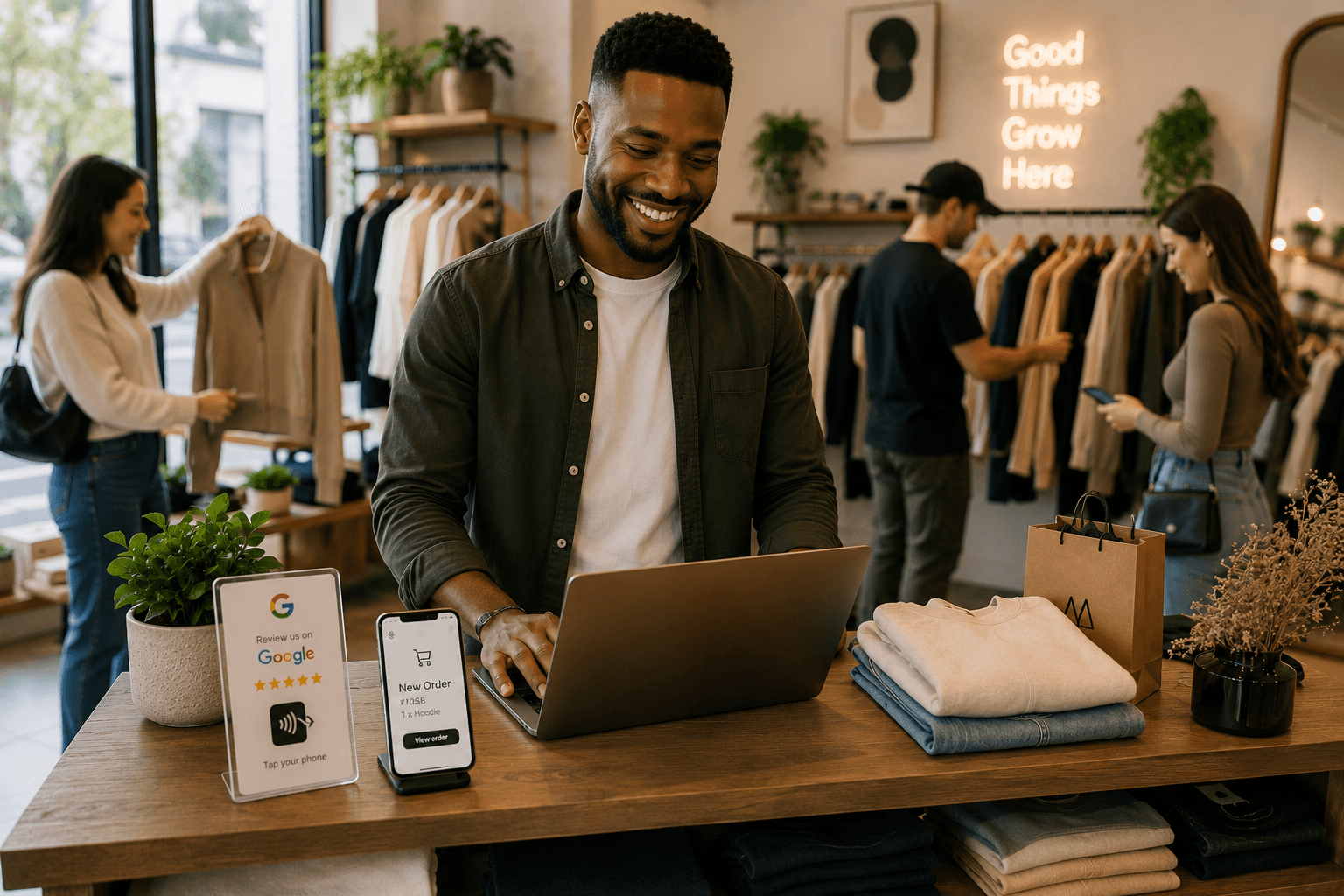 Retail business using direct ordering and NFC review tools