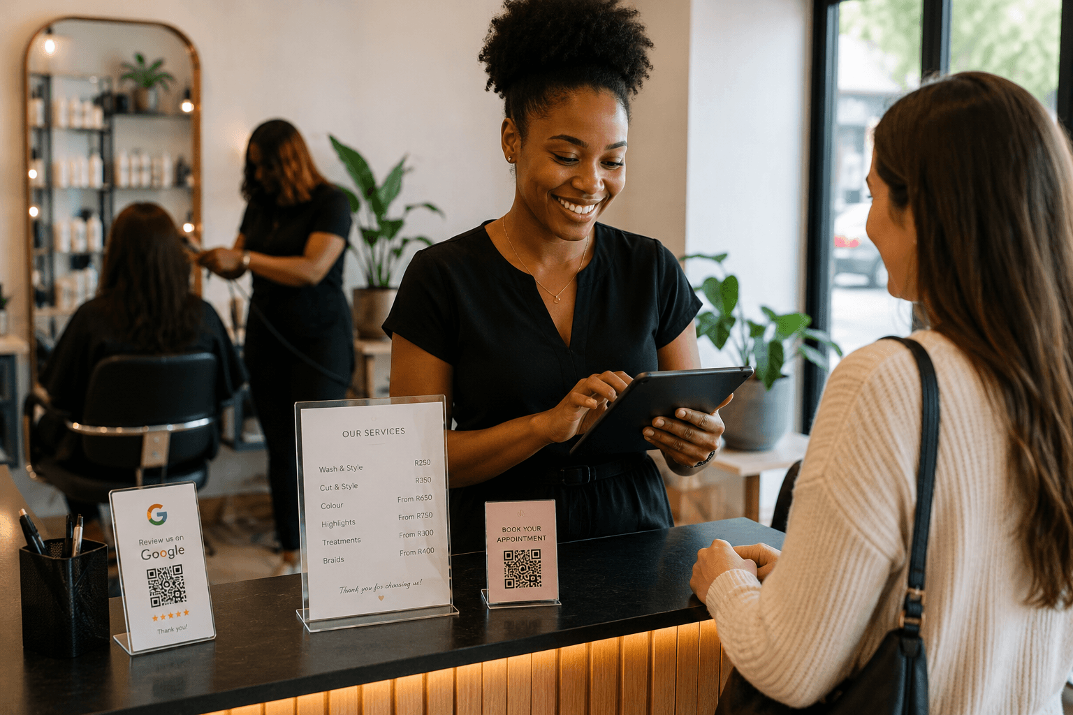 Service business using a tablet with a customer at reception