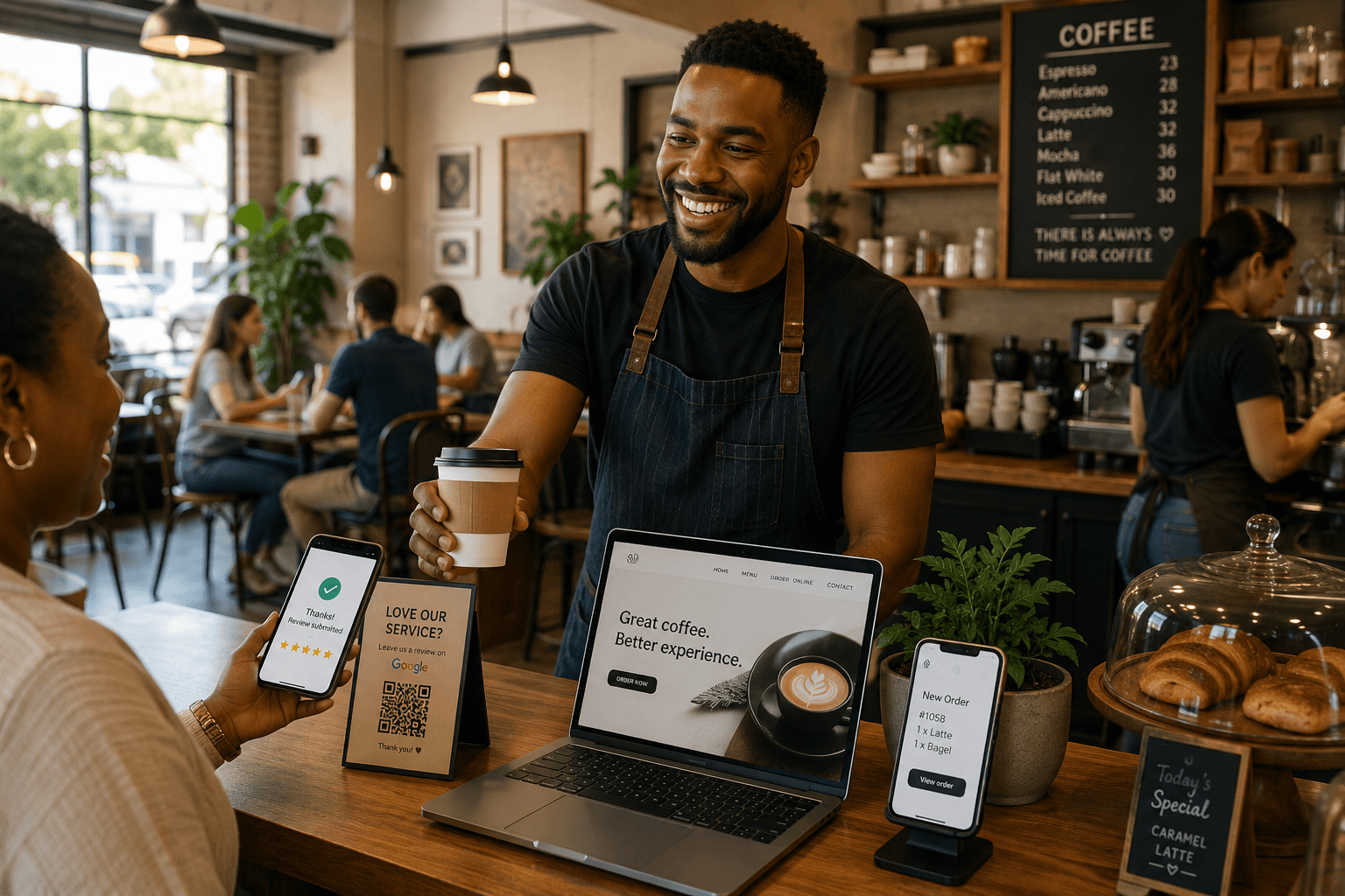 Business using customer review, website and online ordering tools