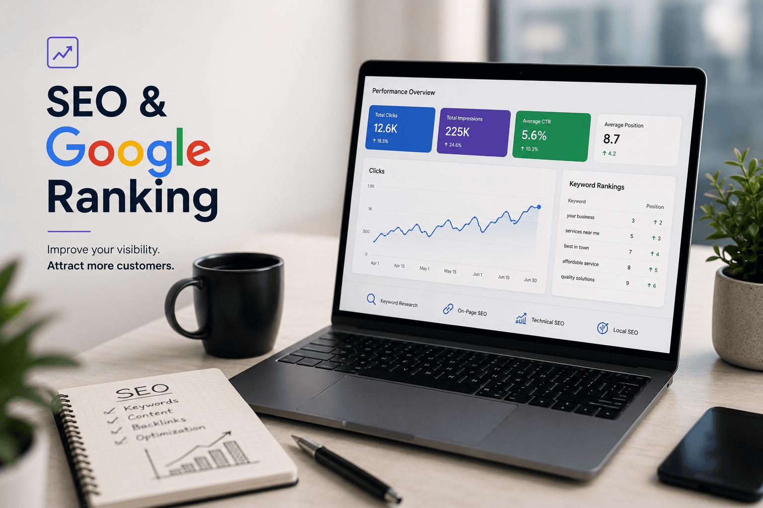SEO and search visibility performance displayed on a laptop