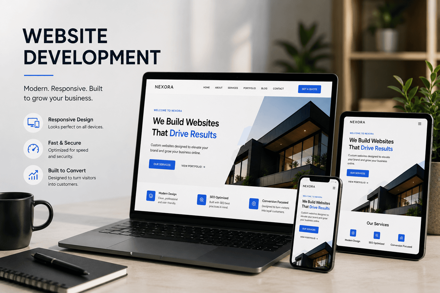 Responsive professional website displayed on laptop, tablet and phone